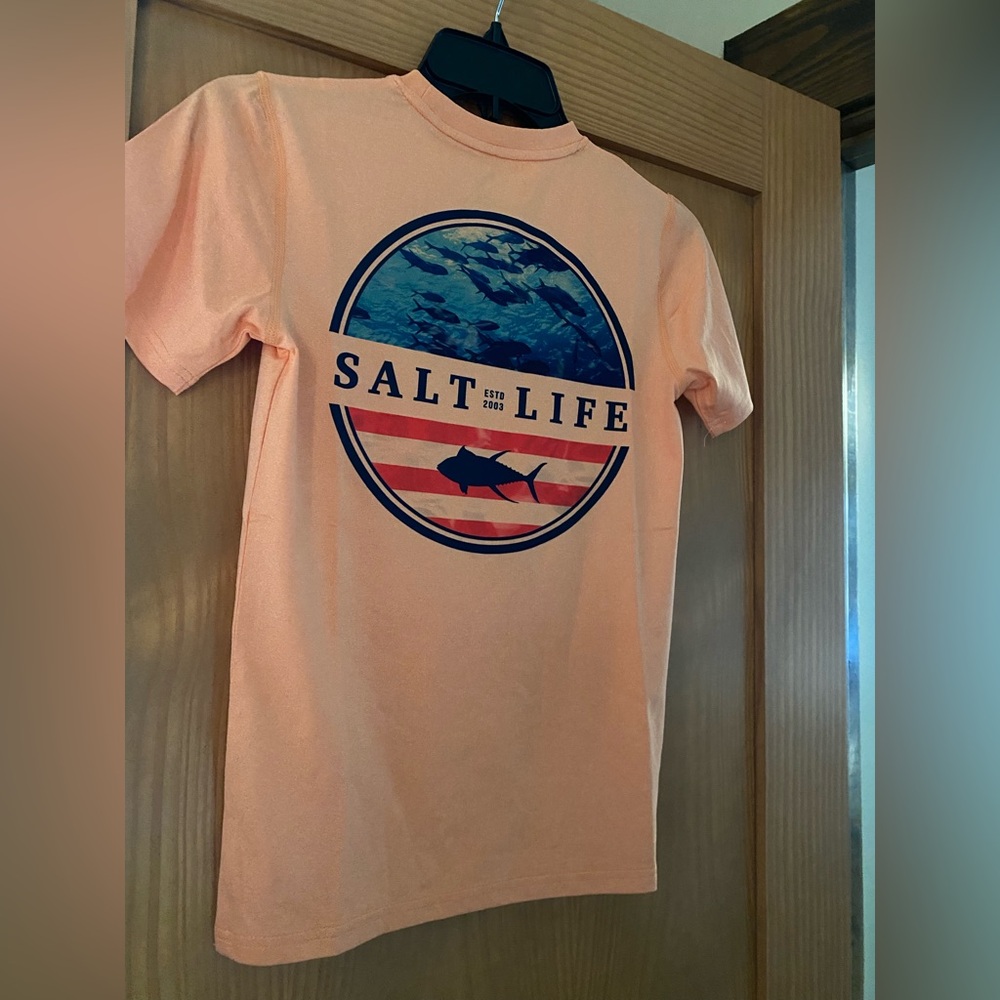 Salt Life Boy’s Orange Short Sleeve Fish Graphic SLX (Drifit) Shirt NWT Size S